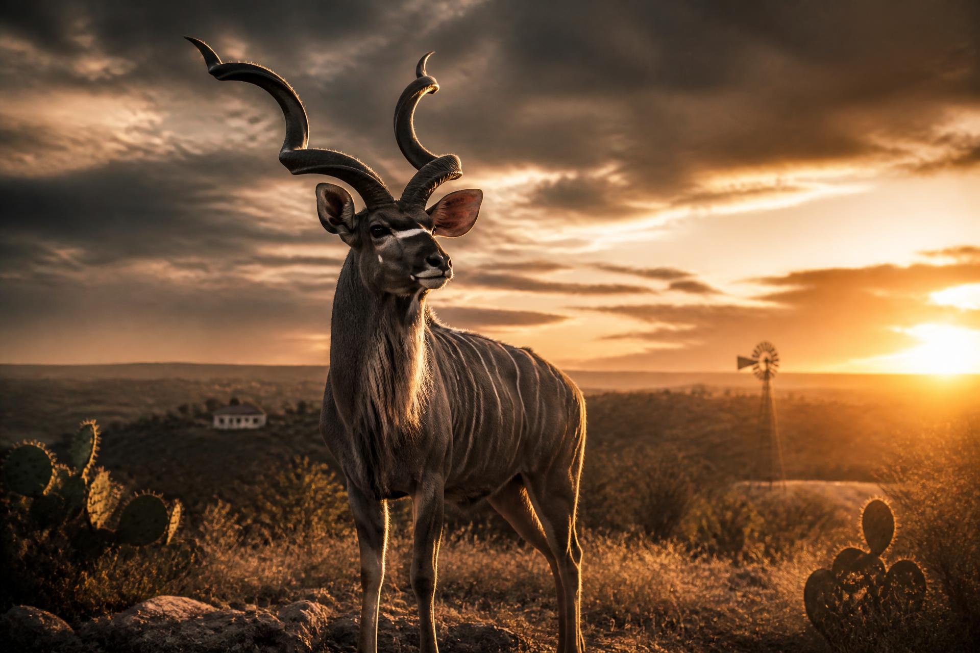Trophy kudu bull on Texas ranch at sunset